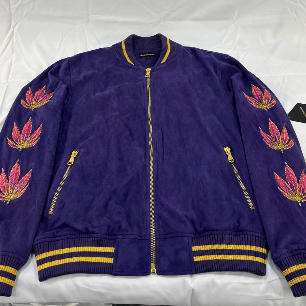 Purple Bomber Jacket with Embroidered Leaves